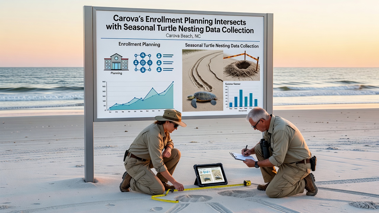 Field researchers documenting sea turtle nest locations on Carova Beach while local planners review data tablets in the background